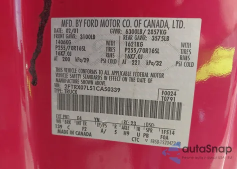 2001 Ford F-150 Lariat/Xl/Xlt из США, поврежденный, VIN 2FTRX07L51CA50339